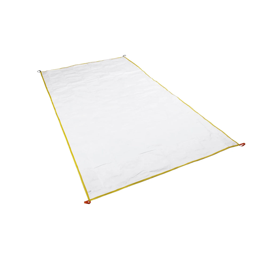 White tent footprint with yellow edges on a white background