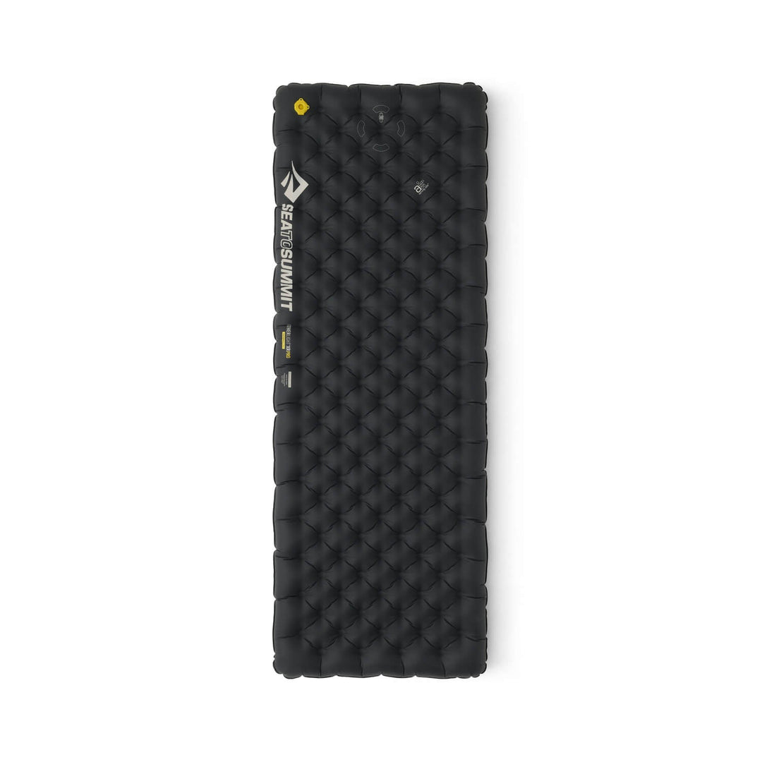 Black inflatable sleeping mat with a rectangular shape on a white background