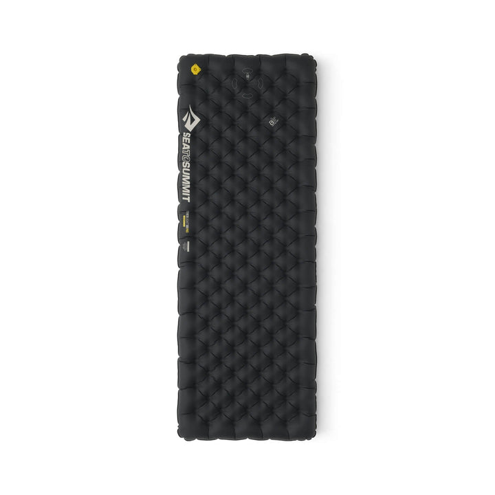 Black inflatable sleeping mat with a rectangular shape on a white background