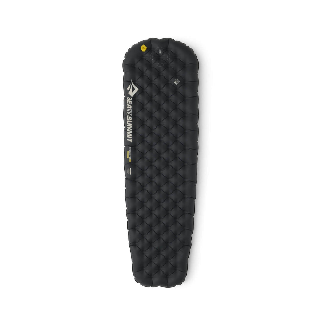 Black inflatable sleeping mat with a mummy shape on a white background
