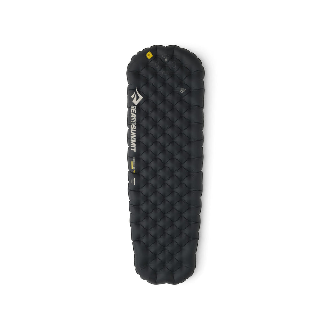 Black inflatable sleeping mat with a mummy shape on a white background