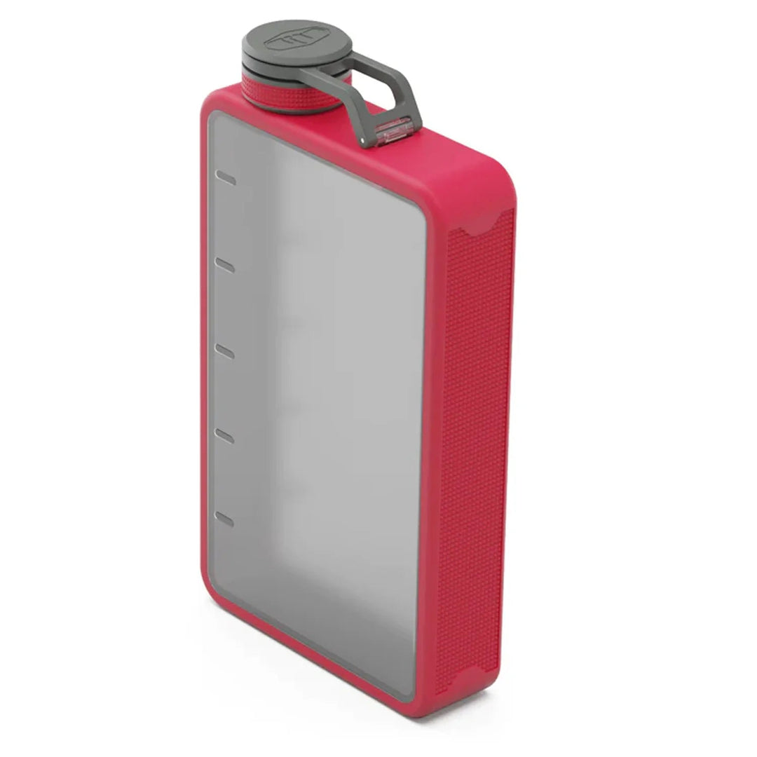 Red water flask with a grey cap on a white background