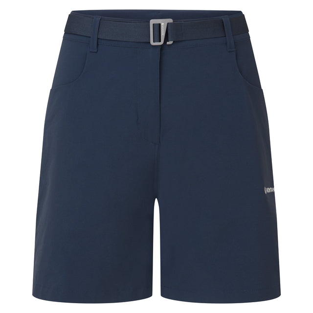 Navy shorts with a belt and visible brand logo on a white background