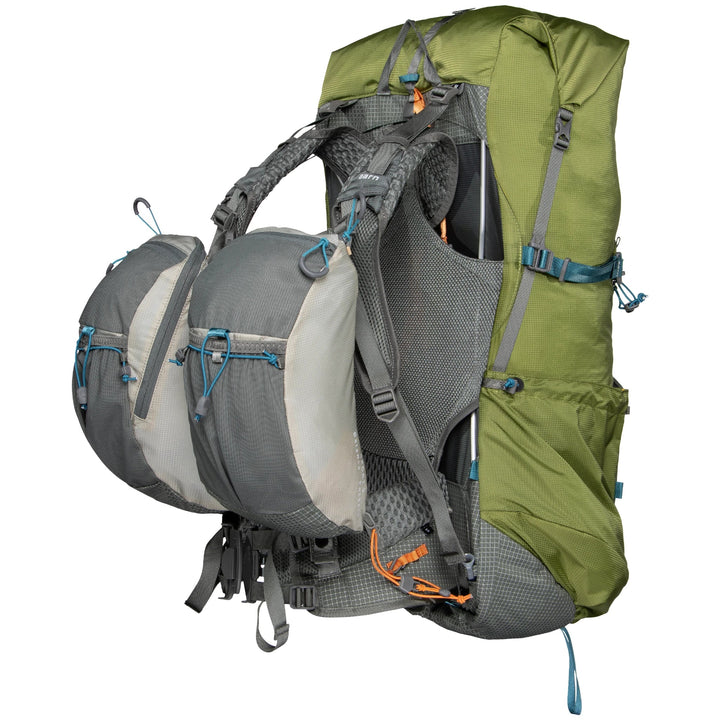 Green and gray Aarn backpack with multiple compartments on a white background