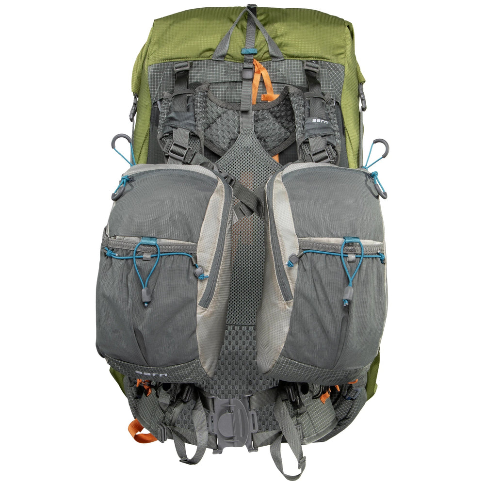 Green and gray Aarn backpack with multiple compartments on a white background