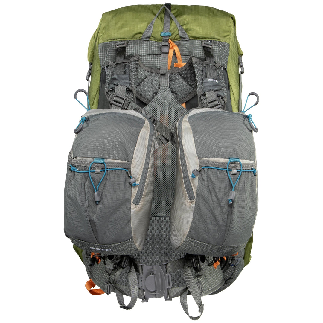 Green and gray Aarn backpack with multiple compartments on a white background