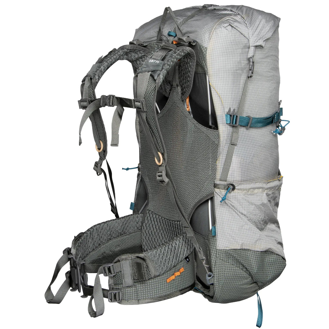 Aarn brand gray hiking backpack with multiple compartments on a white background