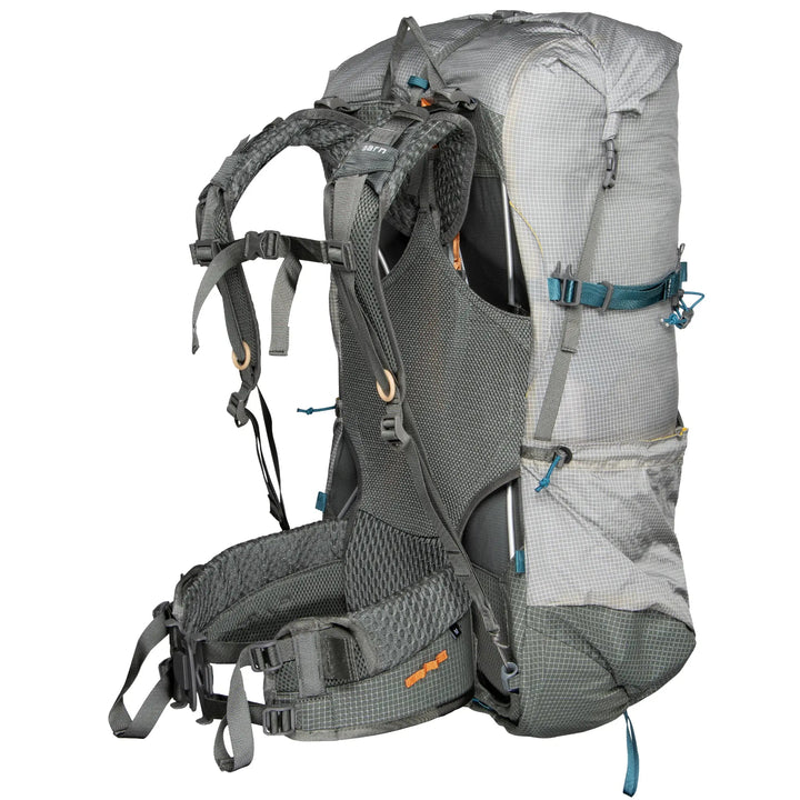 Aarn brand gray hiking backpack with multiple compartments on a white background
