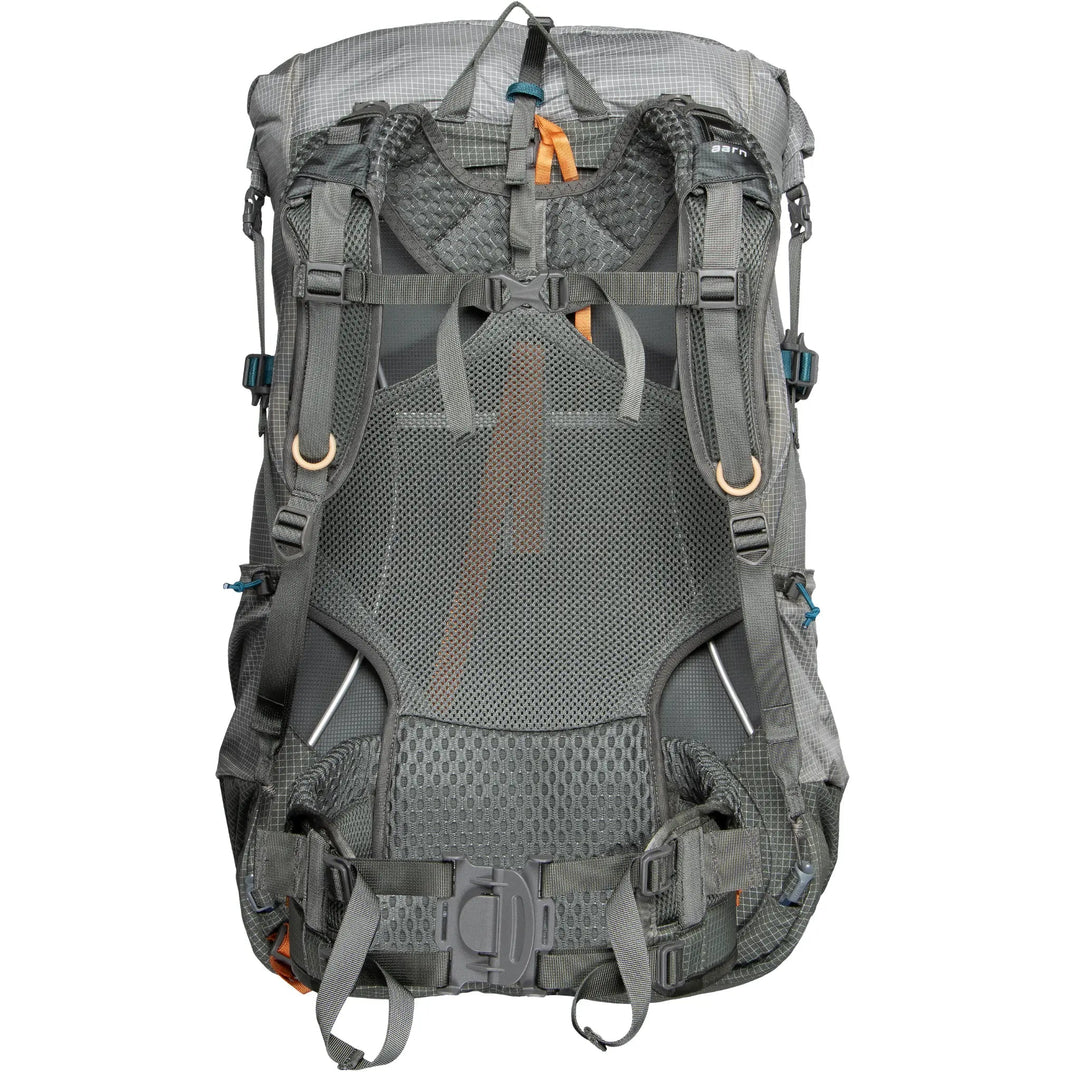 Aarn brand gray hiking backpack with multiple compartments on a white background