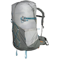 Aarn brand gray hiking backpack with blue accents on a white background