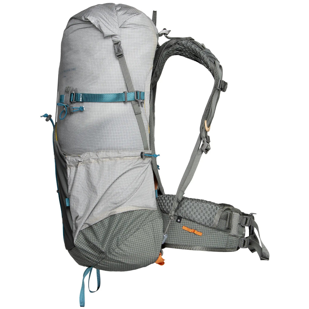 Aarn brand gray hiking backpack with blue lasso loc straps on a white background