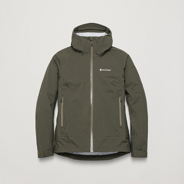 Olive green rain jacket with Montane logo on white background