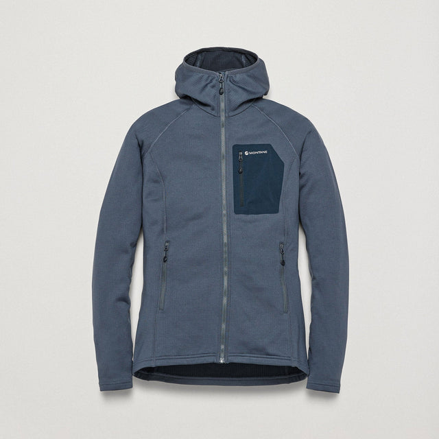 Blue hooded jacket with a Montane logo on a light grey background