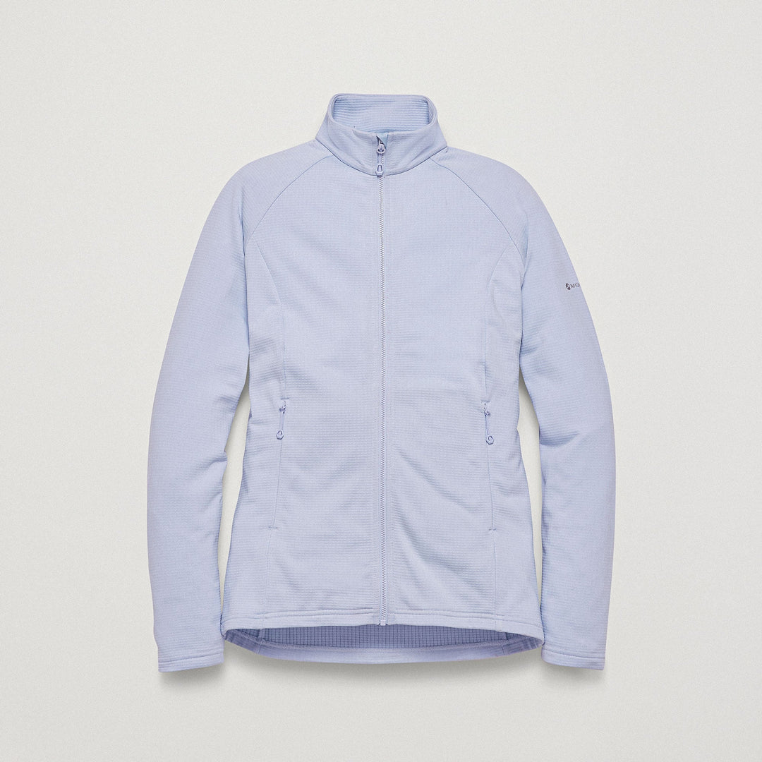 A light periwinkle blue zip-up fleece jacket with a stand-up collar, shown flat against a light gray background.