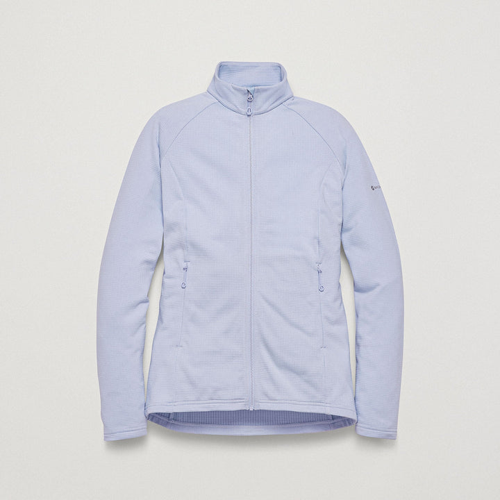 A light periwinkle blue zip-up fleece jacket with a stand-up collar, shown flat against a light gray background.