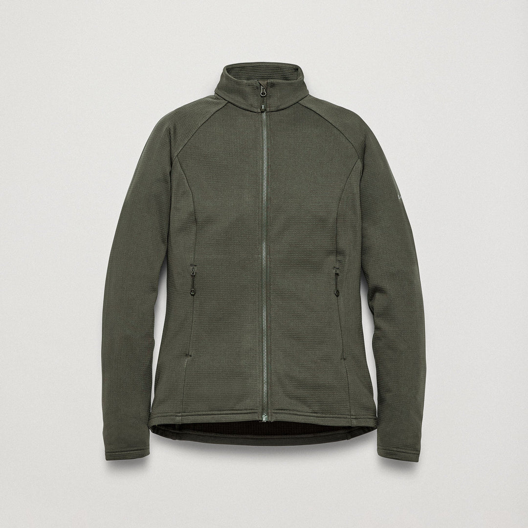 An olive green full-zip fleece jacket with a stand-up collar, shown flat against a light gray background.