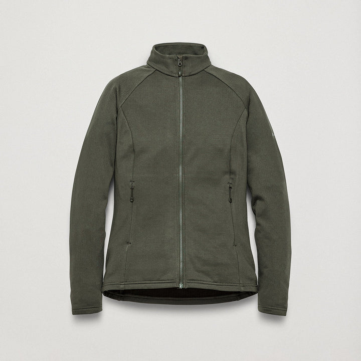 An olive green full-zip fleece jacket with a stand-up collar, shown flat against a light gray background.