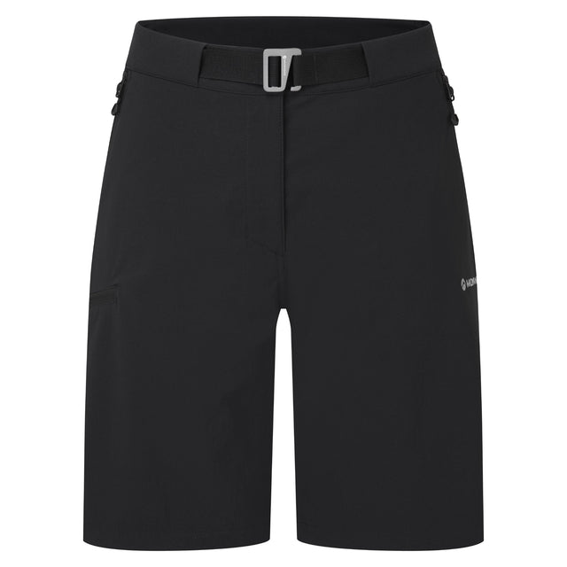 Black shorts with a silver buckle on a white background
