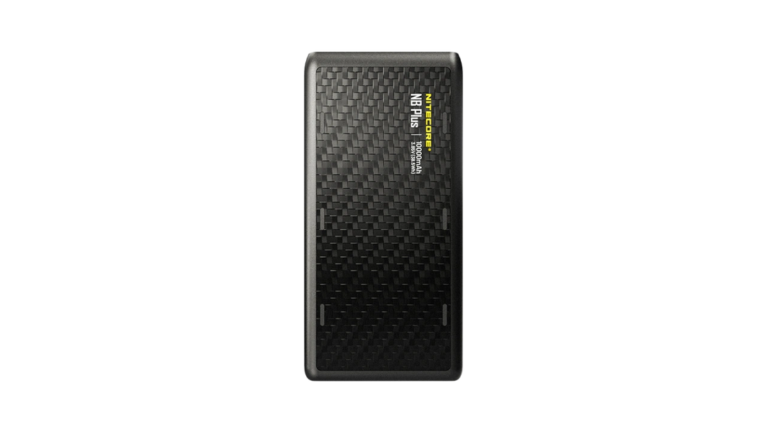 Black power bank with text on a white background