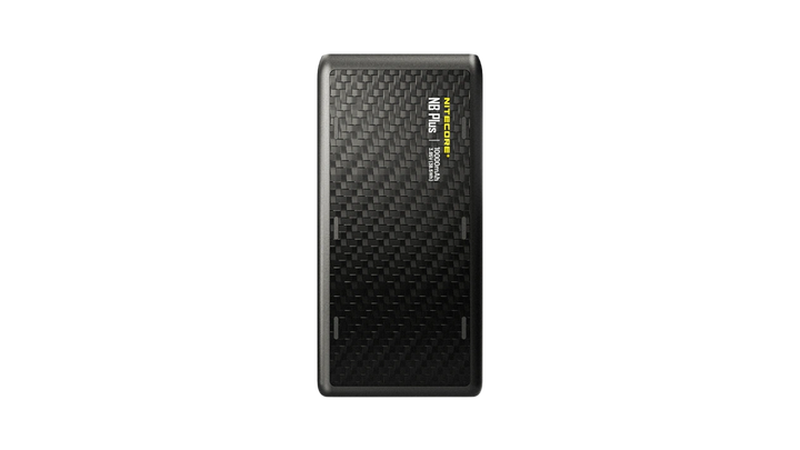 Black power bank with text on a white background