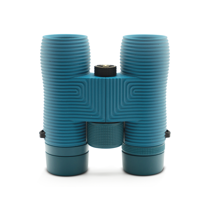 Blue binoculars on a white background viewed from below