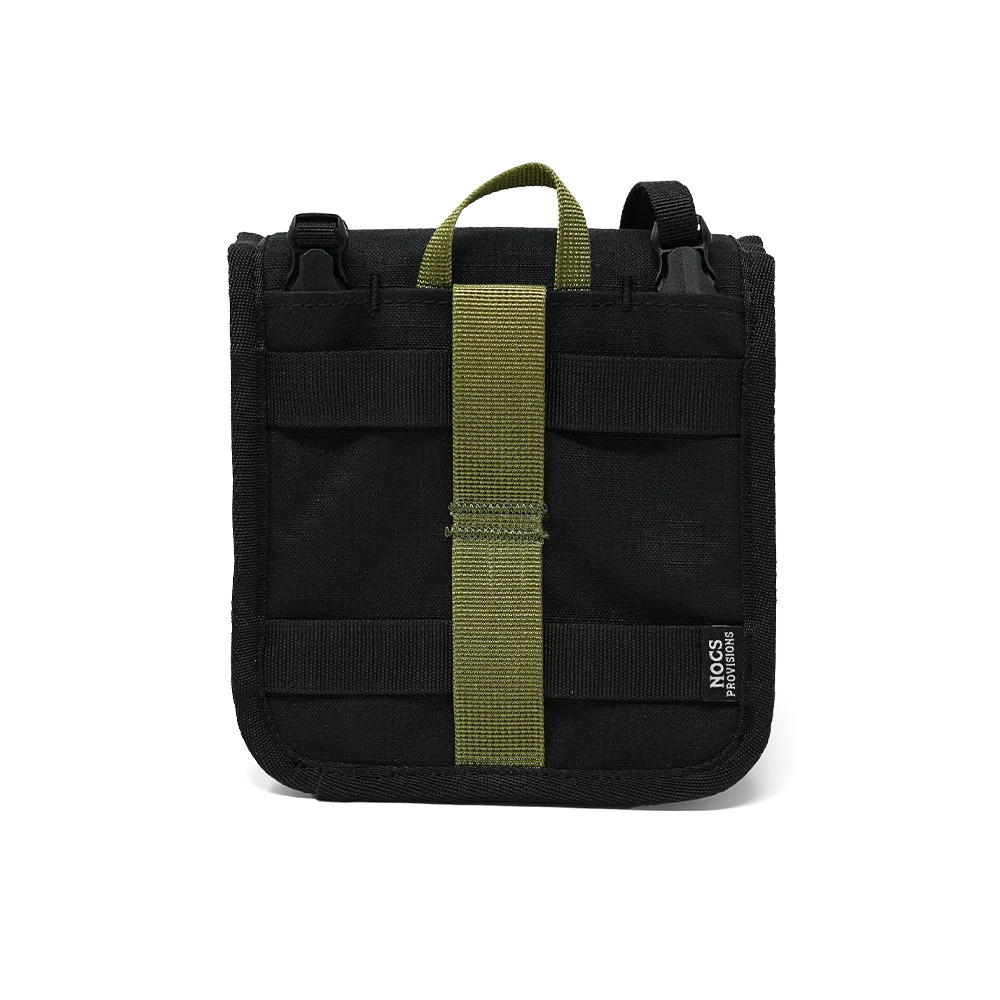 A black tactical pouch with an olive green webbing strap and top handle, shown against a plain white background.