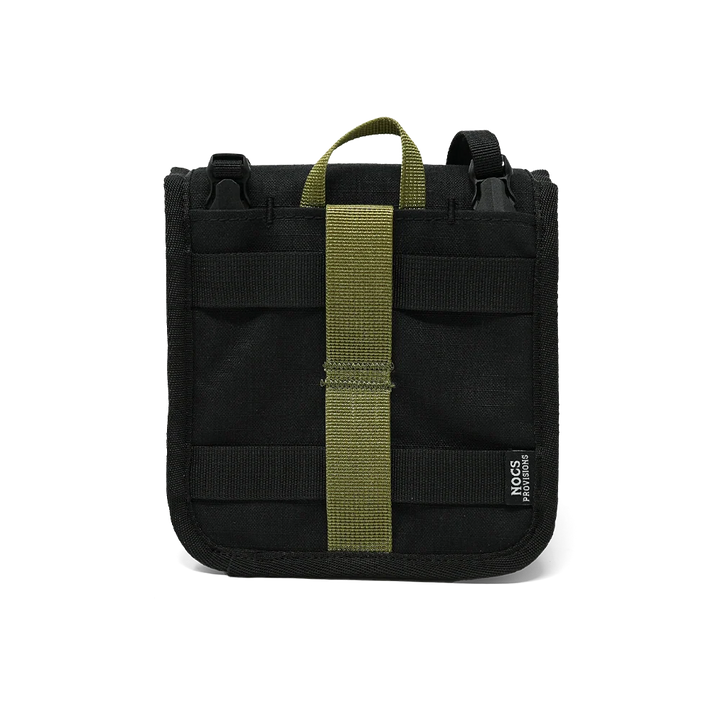 A black tactical pouch with an olive green webbing strap and top handle, shown against a plain white background.