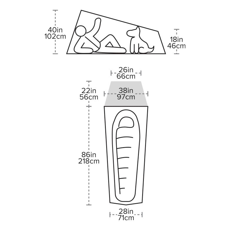 Diagram of a tent with dimensions labelled
