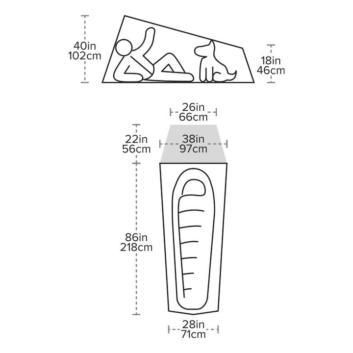 Diagram of a tent with dimensions labelled