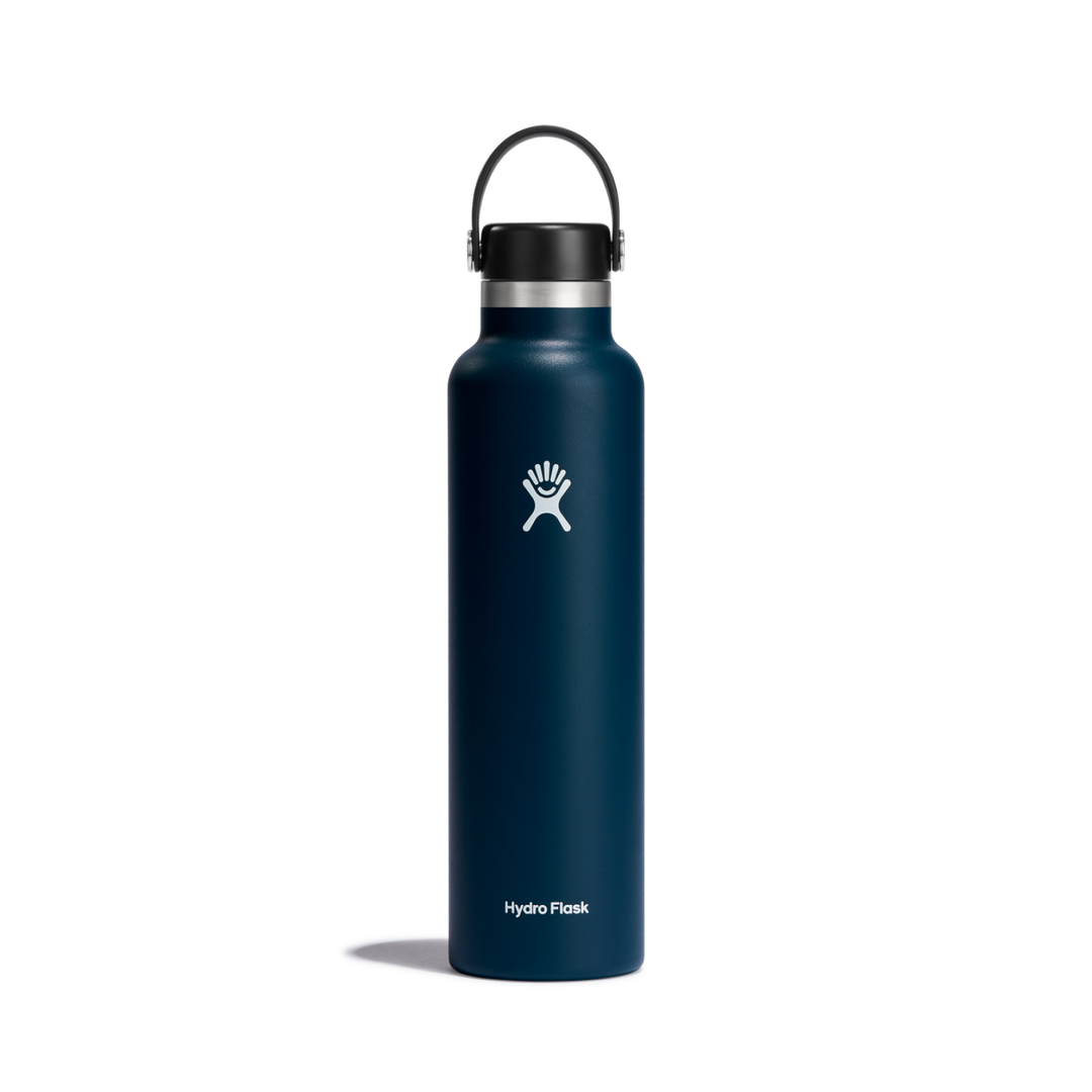 Navy blue insulated water bottled with hydro flask logo on a white background