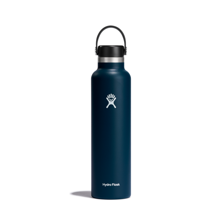 Navy blue insulated water bottled with hydro flask logo on a white background