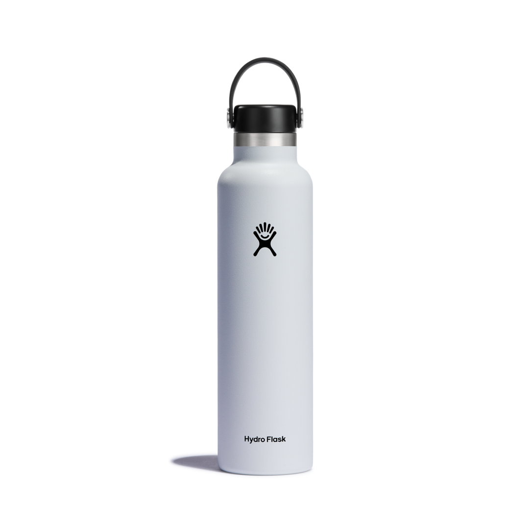 White insulated water bottled with hydro flask logo on a white background