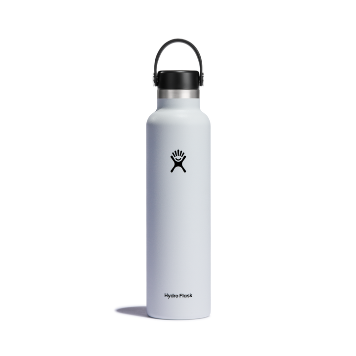 White insulated water bottled with hydro flask logo on a white background