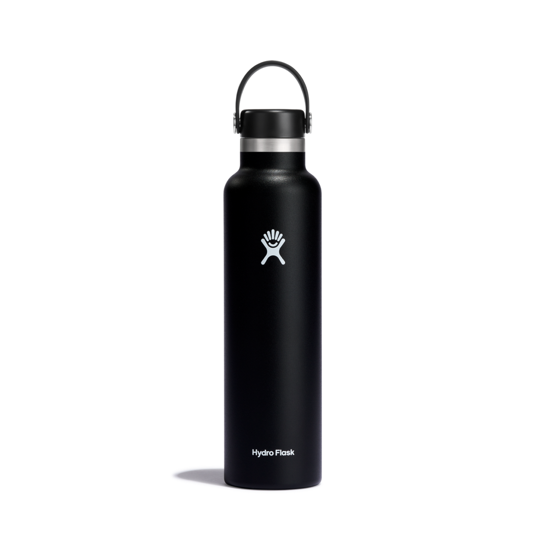 Black insulated water bottled with hydro flask logo on a white background