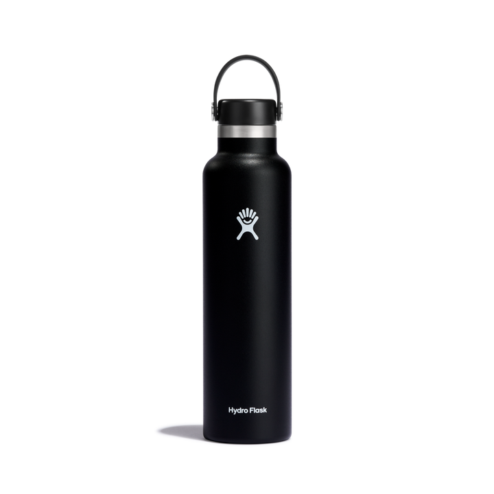 Black insulated water bottled with hydro flask logo on a white background