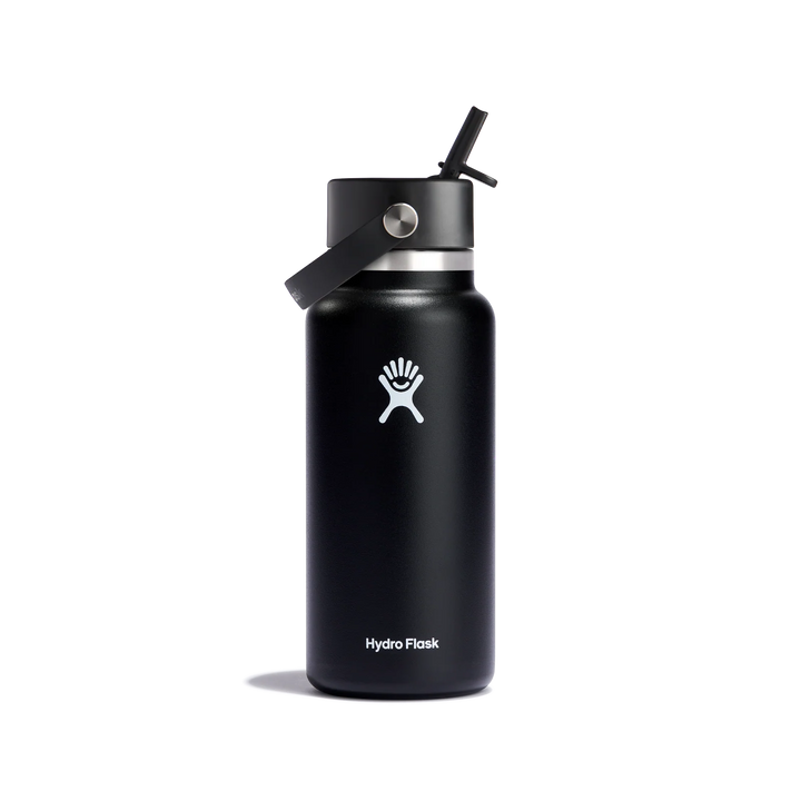 A black Hydro Flask water bottle with a black lid and straw, featuring the white Hydro Flask logo on the front, set against a plain white background.