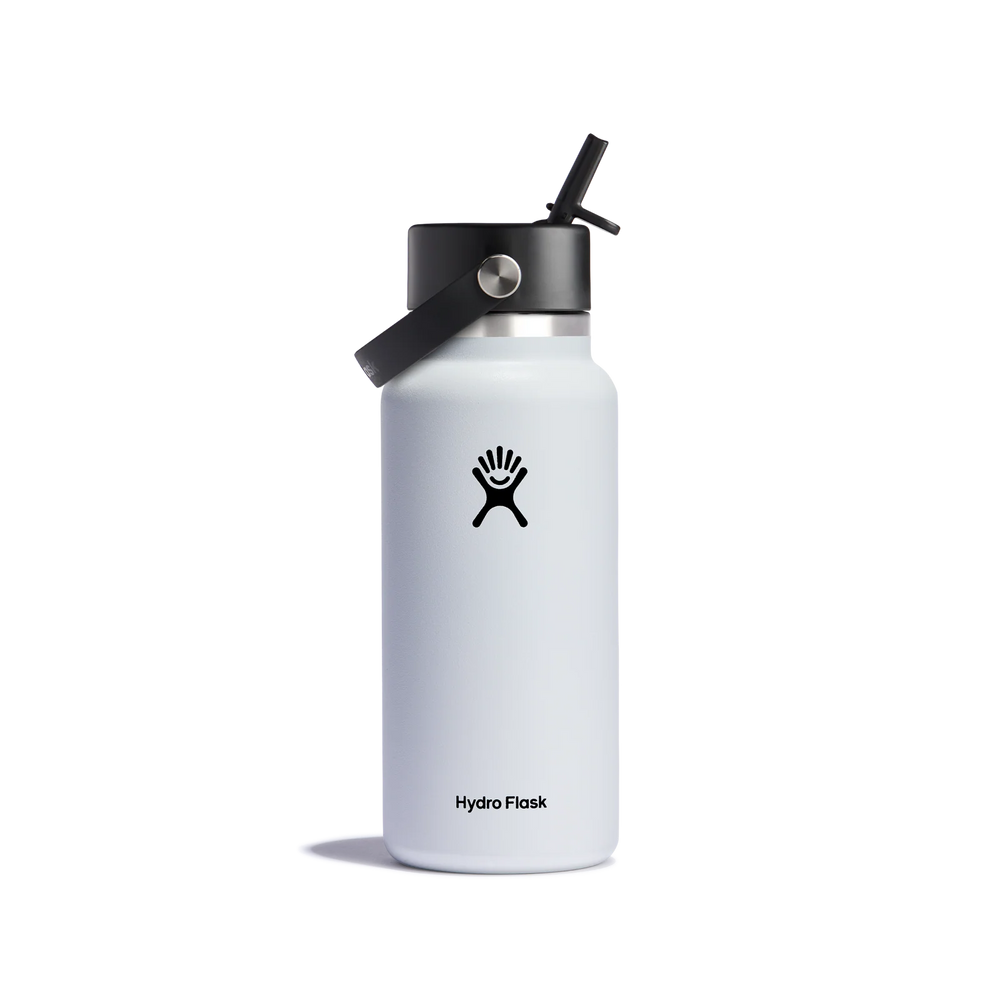 A Hydro Flask insulated water bottle in matte white with a black flip-straw lid, shown on a clean white background.