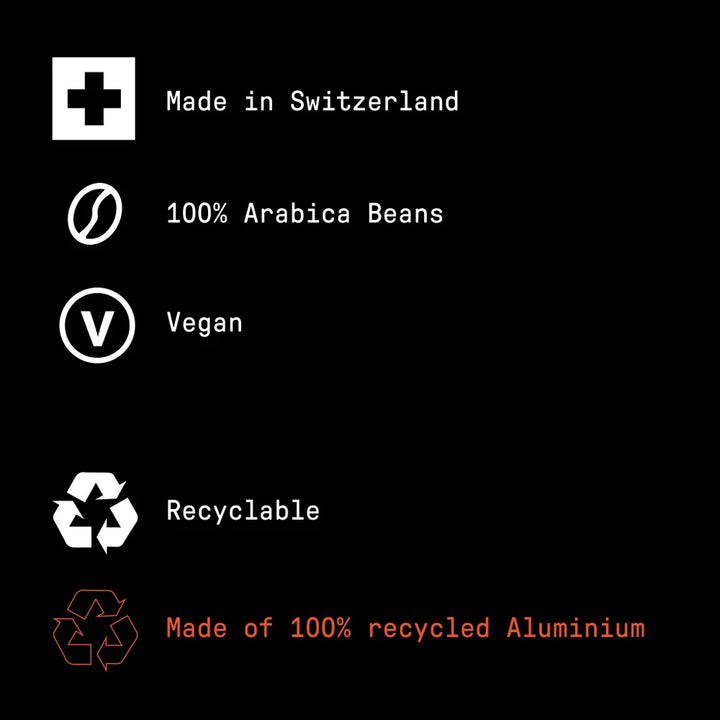 Set of icons and text indicating product features on a black background