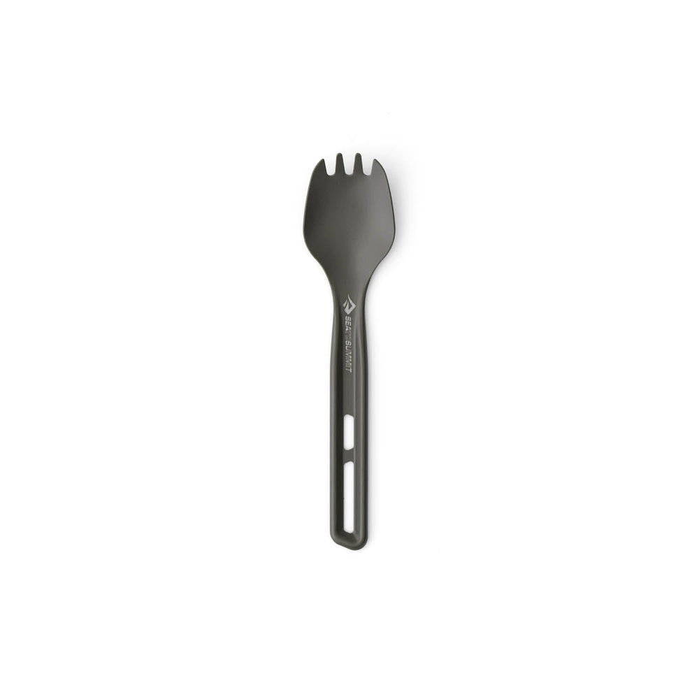 Dark grey metal spork on a white background