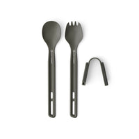 A long handled spoon and spork with a rubber adaptor