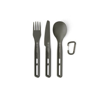 A three piece metal cutlery set with a small carabiner on a white background