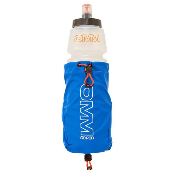 OMM Go Pod in Blue, mounted on a pack shoulder strap with a soft flask inside