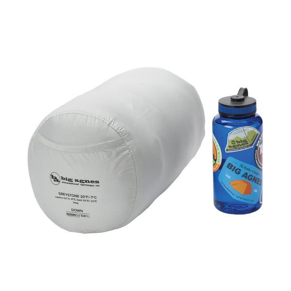 White sleeping bag and blue water bottle with &