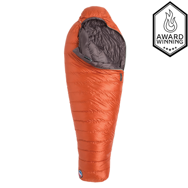 Orange sleeping bag with grey interior and open zip on a white background