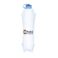 A clear, collapsible Cnoc Hydriam flask with a blue cap, featuring the Cnoc logo on the front.