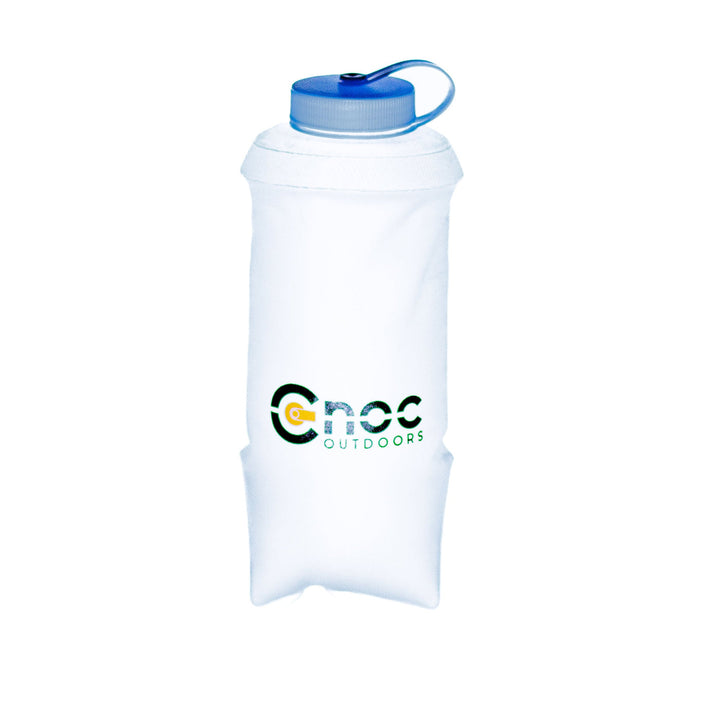 Collapsible water bottle with blue cap on a white background