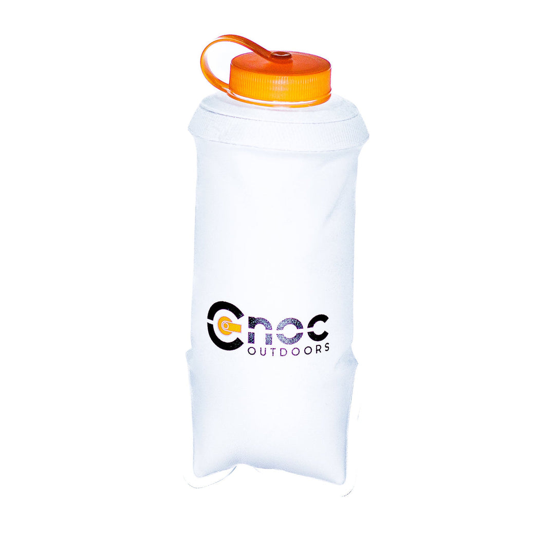 Collapsible water bottle with orange cap on a white background, featuring the Conoc Outdoors logo.