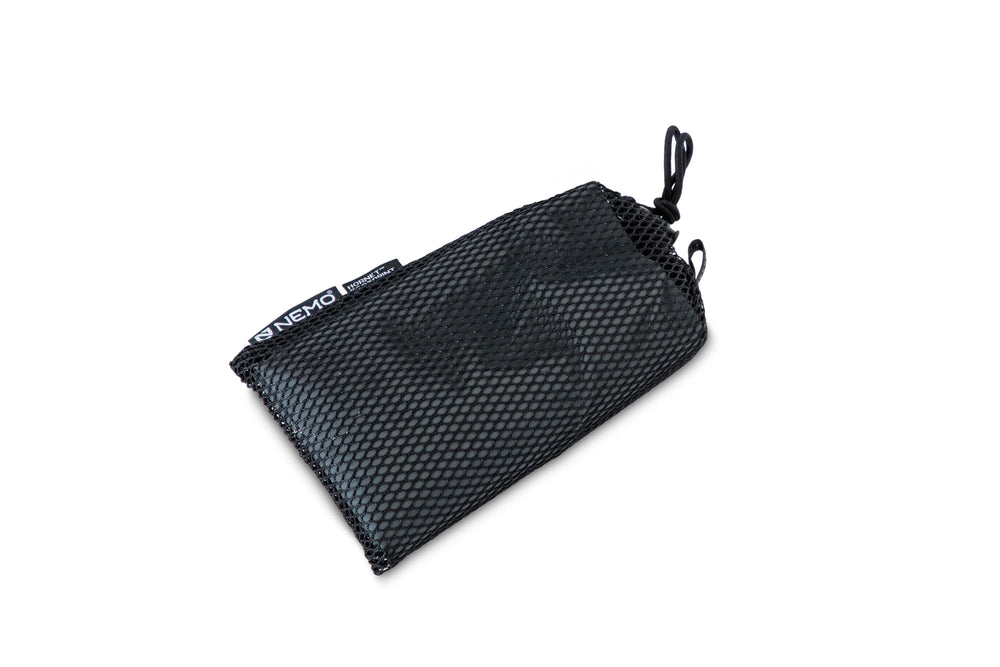 Black mesh drawstring bag on a white background