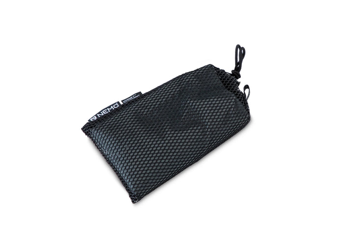 Black mesh drawstring bag on a white background