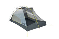 A three-person ultralight backpacking tent with a gray and birch bud color scheme, featuring large doors and vestibules, and minimal pole structure.